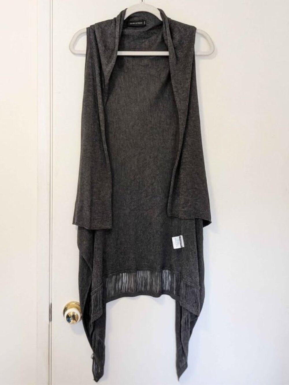 Glam & Fame Charcoal Grey Fine Knit Fringe Lagenlook Open Front Duster Vest S/M